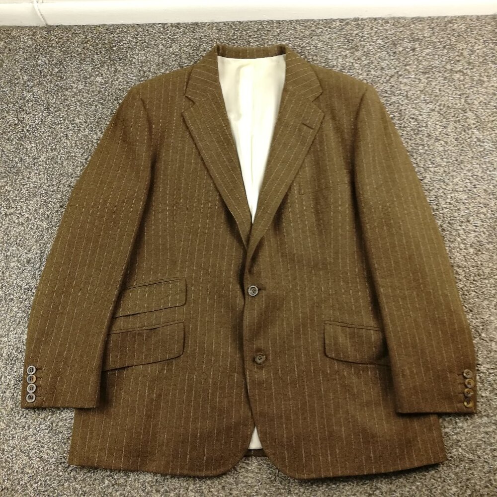 Vintage Turnbull & Asser 42R Flannel Wool Pinstripe Brown Suit Jacket *Flaw